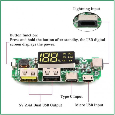 18650 Charger Board Lithium Battery Charging Module Dual USB 5V 2.4A Mini Type-C 2000 mAh Power Bank Module DIY